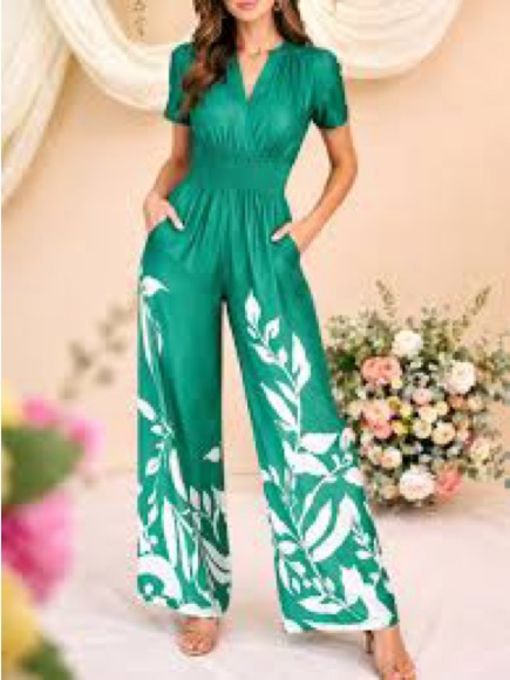 Hutch Green Jumpsuit with White Leaf Print